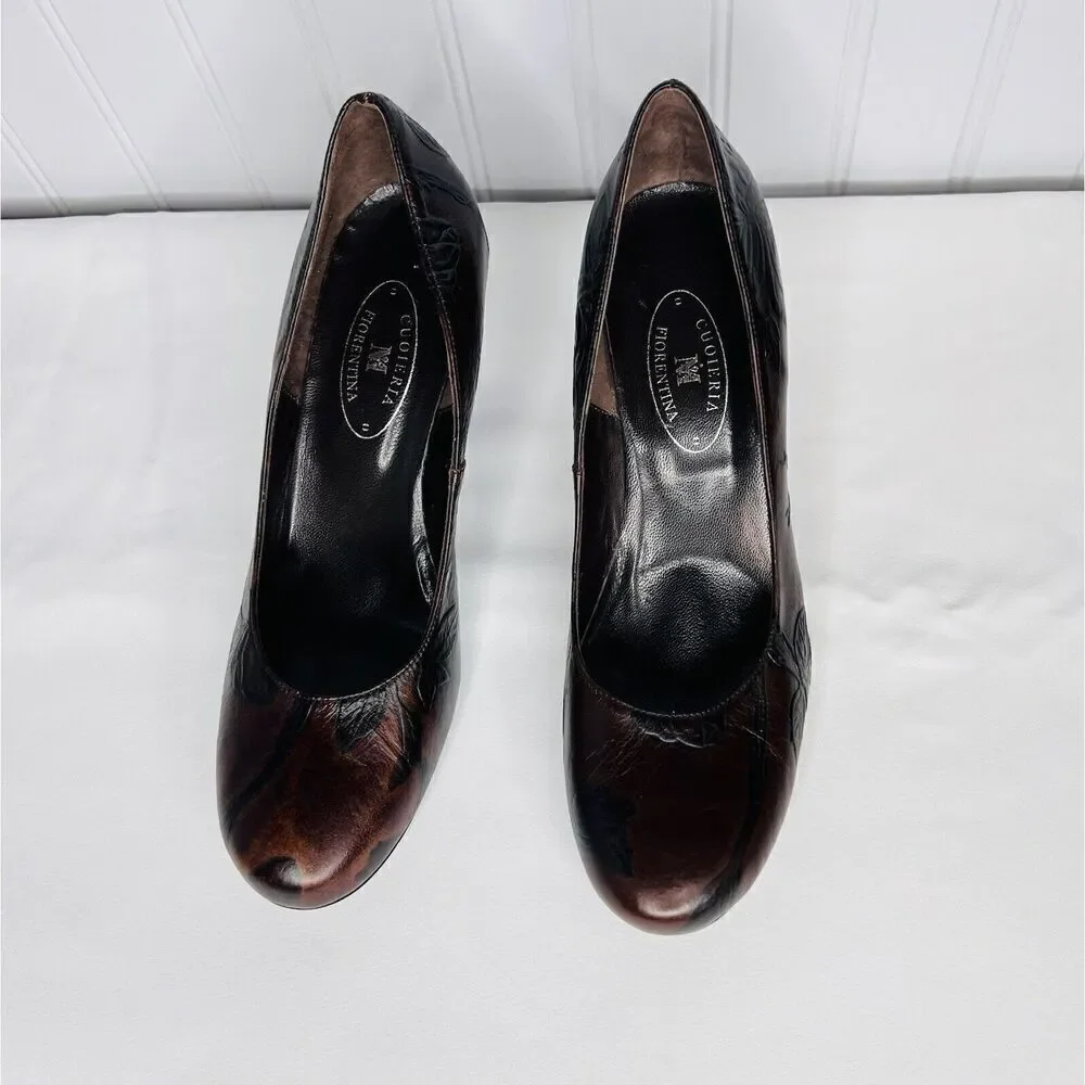 Cuoieria Fiorentina Italy Tuscan Sz 8.5 Heels Chocolate Brown Leather Floral